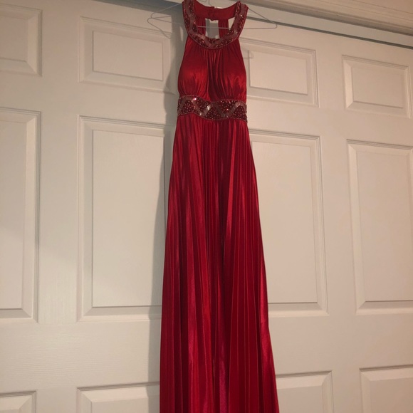 Halter Red Satin Prom Dress w/ Clear & Red beading - Picture 3 of 5